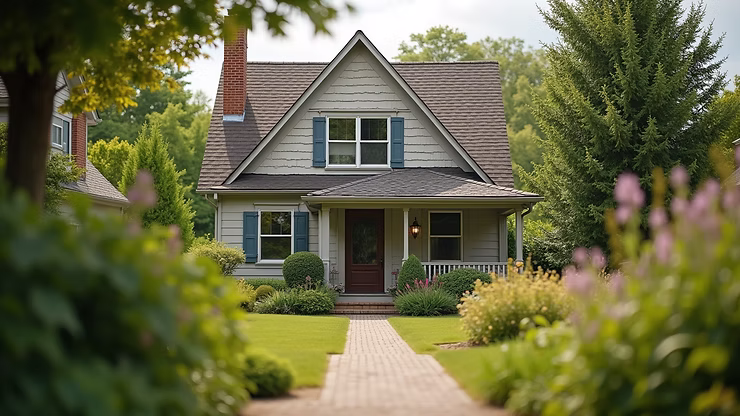Eye-level view of a cozy home with a well-maintained garden