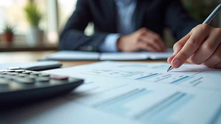 Eye-level view of a financial planner's desk with documents and a calculator